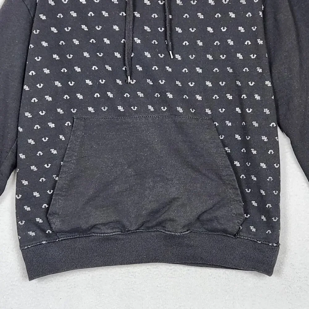 TRUE RELIGION Hoodie Mens Large Black Kangaroo Pocket AOP Activewear